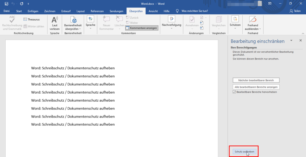 Dokumentenschutz aufheben in Word