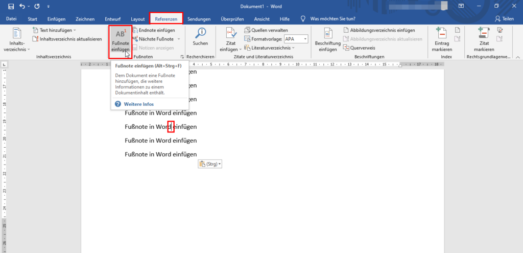 Fußnote in Word