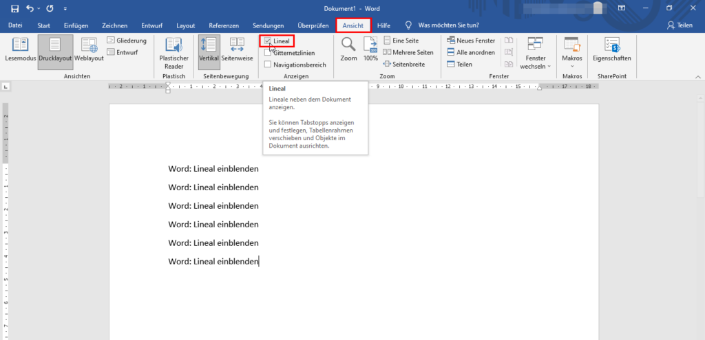 Lineal in Word einblenden
