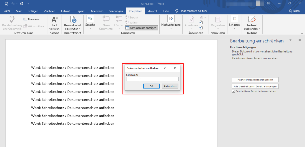 Schreibgeschützt aufheben in Word