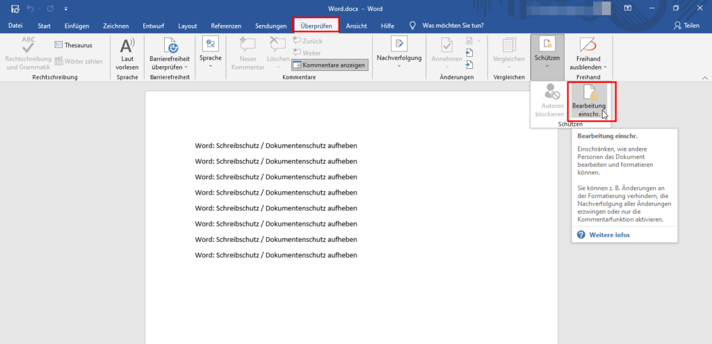 Schreibschutz aufheben in Word