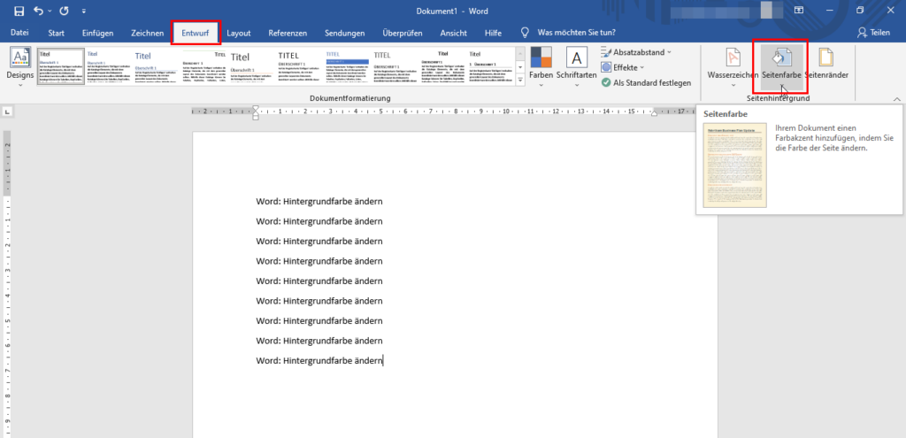 In Word die Seitenfarbe ändern